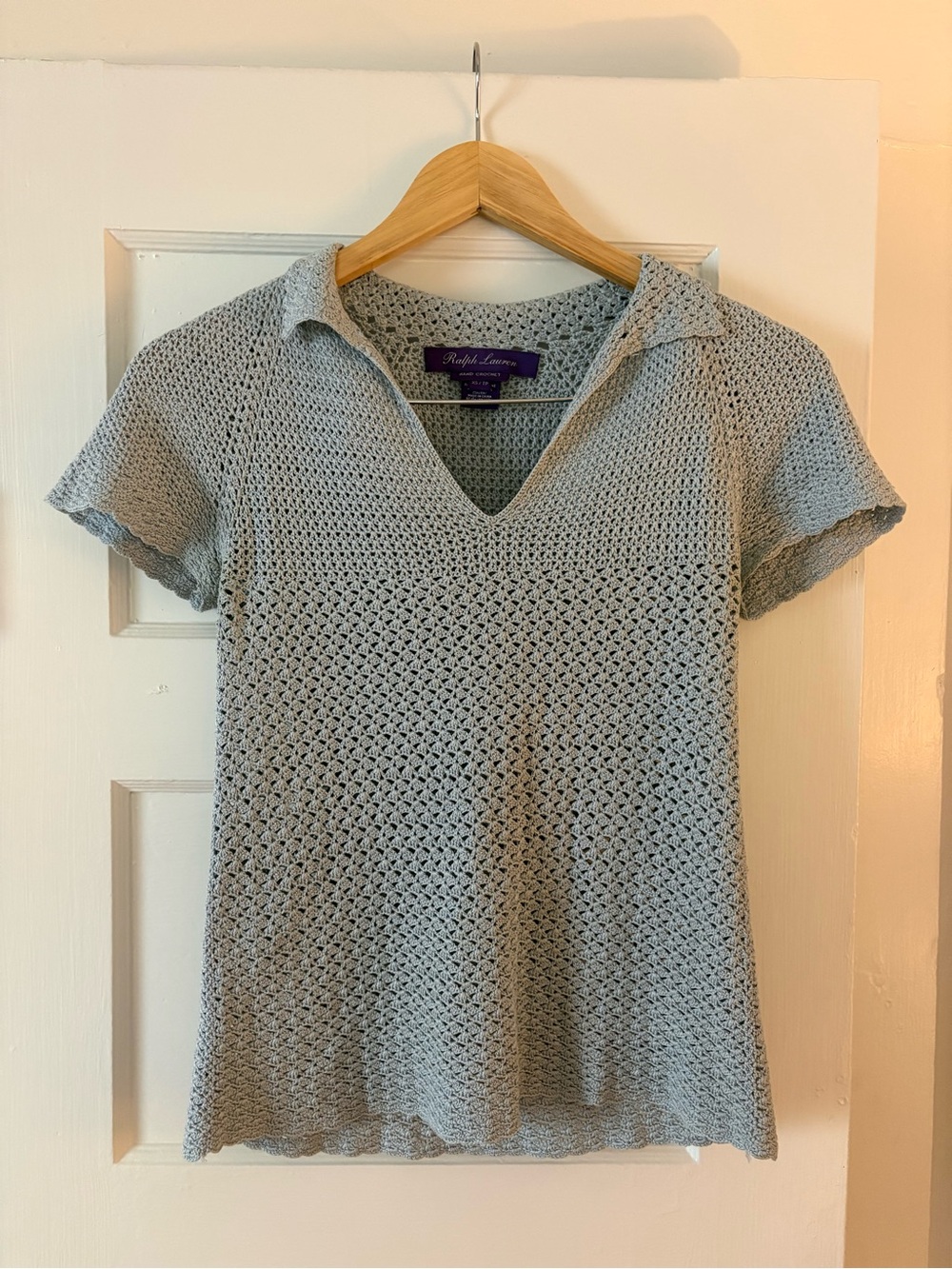 Ralph Lauren Purple Label blue hand-Knit Short Sleeve Top, made with Italian yar